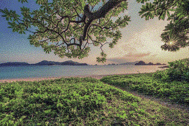 sunset on a beach with hilbert dithering applied