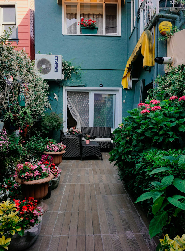 colourful alley or backyard that's paved